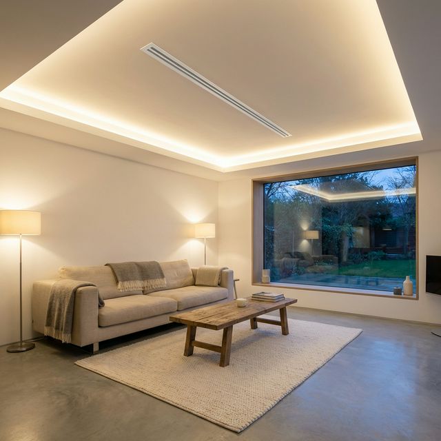 Salón moderno con climatización por conductos invisible